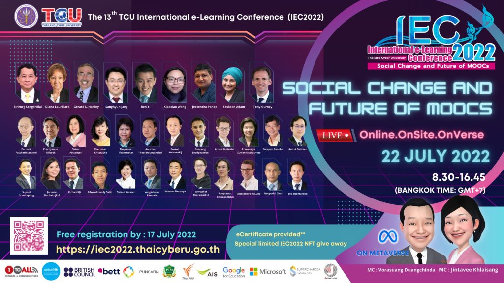 The 13th TCU International e-Learning Conference 2022 ในหัวข้อ Social Change and Future of MOOCs ในวันศุกร์ที่ 22 กรกฎาคม 2565 เวลา 8.30 -16.45 น.